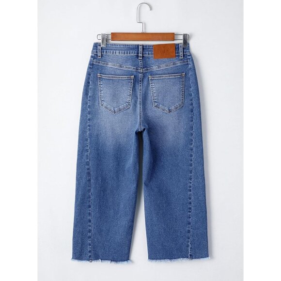 Women's High Waisted Wide Leg Capri Jeans Denim Raw Hem Side Seam Pants - Picture 6 of 9